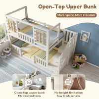 Cabin-Style Bunk Bed with Staircase Storage and Guardrail, White Window-Detailed Cabin Bed with Slatted Bases, 244L x 95W x 170H cm, White(m-4)