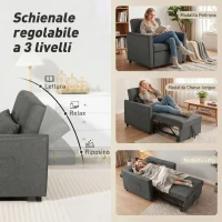 HOMCOM Poltrona Letto Singolo 3 in 1 in Tessuto Effetto Lino con Schienale Reclinabile, Cuscino e Tasche, Grigio(m-5)
