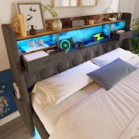 Upholstered Double Floating Bed with LED Mood Lighting, Low-Profile Floating Bed Frame with Storage Headboard, 202L x 142W x 114H cm, Grey(m-7)