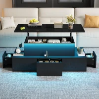 Lift-Top Coffee Table with 4 Drawers and Hidden Storage, Multi-Functional Center Table with Open Shelf and USB Port, 100L x 50W x 40H cm, Black(m-1)