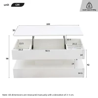Modern Coffee Table with Bluetooth-Controlled LED Lighting, Lift-Up Center Table with Hidden Storage and Hydraulic Lift, 100L x 50W x 42H cm, White(m-3)