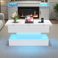 Multifunctional White Coffee Table with Integral Power Outlet, Modern Center Table with App-Controlled LED Light, 100L x 50W x 51.5H cm, White(m-9)