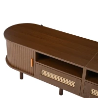 Rattan TV Stand with Sliding Doors and 8 Solid Wood Legs, Oak TV Cabinet with Rounded Corner, 170L x 40W x 40H cm, Oak(m-13)