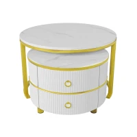 2-In-1 Round Coffee Table Set with High-Gloss Tops, Space-Saving Center Table Set with 2 Drawers, 70L x 70W x 46H cm, White(m-2)
