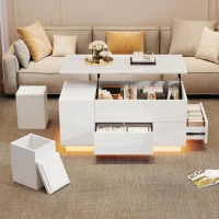 Lift-Top Coffee Table with App-Controlled LED and Soft-Close Drawers, Sleek White Center Table with 2 Storage Ottomans, 100L x 50W x 45H cm, White(m-8)