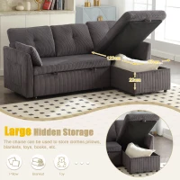 Stylish Sectional Sleeper Sofa with Reversible Storage Chaise, 3-In-1 L-Shaped Sofa with Corduroy Upholstery, 206L x 130W x 88H cm, Charcoal Grey(m-6)