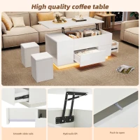 Lift-Top Coffee Table with App-Controlled LED and Soft-Close Drawers, Sleek White Center Table with 2 Storage Ottomans, 100L x 50W x 45H cm, White(m-6)
