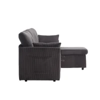 Stylish Sectional Sleeper Sofa with Reversible Storage Chaise, 3-In-1 L-Shaped Sofa with Corduroy Upholstery, 206L x 130W x 88H cm, Charcoal Grey(m-12)
