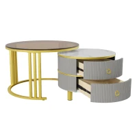 2-In-1 Round Coffee Table Set with High-Gloss Top and Tempered Glass, Space-Saving Center Table Set with 2 Drawers, 70L x 70W x 45H cm, Grey+Brown(m-8)