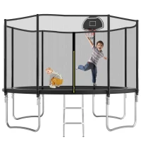 Outdoor Trampoline with Basketball Hoop and Safety Net, Heavy Duty Rebounder with Weatherproof Steel Frame, 366L x 366W x 76H cm, Black(m-2)