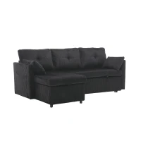 Stylish Sectional Sleeper Sofa with Reversible Storage Chaise, 3-In-1 L-Shaped Sofa with Corduroy Upholstery, 206L x 130W x 88H cm, Black(m-13)