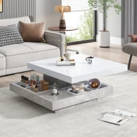 360° Rotating Square Coffee Table with Concealed Storage Compartments, White Center Table with Durable Construction, 70L x 70W x 36H cm, White(m-5)