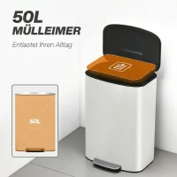HOMCOM Mülleimer Küche 50 Liter Treteimer mit Bleib-Offen-Funktion, Soft-Close-Deckel, Pedal, Cremeweiß(m-4)