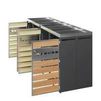 4-Compartment Outdoor Bin Enclosure with Integrated Planter, Planter-Top Quad Bin Storage with Lockable Doors, 264L x 80W x 124.5H cm, Grey+Wood(m-8)