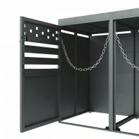 Double Wheelie Bin Storage Box with Planting Top and Tipping Chains, Galvanised Steel Lockable Bin Store with Ventilation Slots, 132L x 80W x 125H cm, Grey(m-10)