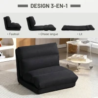 HOMCOM Fauteuil de sol canapé paresseux fauteuil convertible en lit inclinable 90° à 180° tissu - 70 x 72 x 56 cm - noir(m-4)