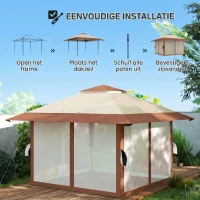 Outsunny 4 x 4 m Tuin Paviljoen, Tuinent met Netwanden, UPF50+ Bescherming, Hoogteverstelbare Partytent, Beige(m-4)