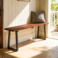 Outsunny Banc de Jardin en Bois Sans Dossier en Bois, Pieds trapézoïdaux en acier, 2 Places à Effet Bois, 150x28x48cm, Carbonisé(m-9)