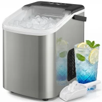 HOMCOM Ice Maker Machine Countertop, 9 Cubes Ready in 7 Mins, 12 KG in 24Hrs, 2 Sizes of Bullet, Self-Cleaning Ice Machine with Handle, Scoop & Basket for Home Kitchen Office RV, Stainless Steel(m-10)