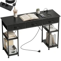 HOMCOM Birou cu spațiu de depozitare cu prize electrice, 3 sertare din material textil și 4 polițe de depozitare, 120 x 40 x 76 cm, negru(m-7)