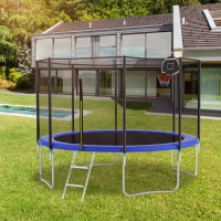 Outdoor Trampoline with Basketball Hoop and Safety Net, Heavy Duty Rebounder with Weatherproof Steel Frame, 366L x 366W x 76H cm, Blue(m-1)