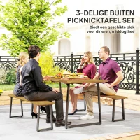 Outsunny 3-delige houten zitgroep voor 6 personen met eettafel en 2 banken, parasolgat, 178 x 76 x 77 cm, natuurlijk hout(m-4)