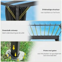 Outsunny Pergola ca. 3,6x3 m Tuinpaviljoen Terrasoverkapping van Aluminium Tuinoverkapping met Verstelbaar Dak Donkergrijs(m-7)