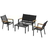 Outsunny Salon de jardin extérieur 4 pièces avec canapé 2 places, 2 chaises et table basse en verre trempé, noir