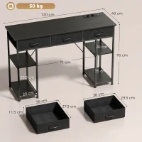 HOMCOM Secretária com arrumação com tomadas, 3 gavetas de tecido e 4 prateleiras de arrumação, 120 x 40 x 76 cm, preto(m-3)