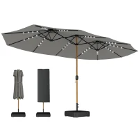 Outsunny Double Sided Garden Parasol with Base Included & 48 Solar LED Lights Patio Umbrella Crank Handle 4.6m Light Grey(m-10)