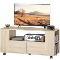 HOMCOM Meuble TV sur roulettes 102 cm, meuble télé pour téléviseur jusqu'à 42 pouces, 2 tiroirs, compartiments ouverts, naturel
