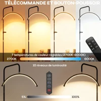 HOMCOM Lampadaire LED demi-lune rotative 350°, lampadaire sur pied salon dimmable 36 W, 7 températures de couleur, noir(m-5)