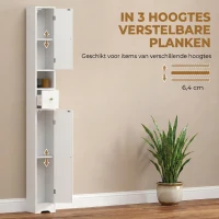 HOMCOM Badkamerkast smalle hoge kast met lade, gebogen deuren, open vak, verstelbare plank, 20x20x185 cm, Wit(m-5)