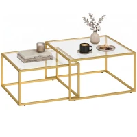 HOMCOM 2 mese de cafea pătrate mese nido moderne cu blat din sticlă securizată și structură metalică 75x75x42 cm Auriu(m-7)