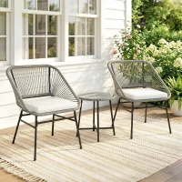 Outsunny 3-Delig Outdoor Meubelset, 1 Tafel, 2 Stoelen, Rotan Vlecht, Stalen Frame, Koffietafel Met Glazen Blad, Donkergrijs(m-10)
