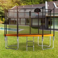 Outdoor Trampoline with Basketball Hoop and Safety Net, Heavy Duty Rebounder with Weatherproof Steel Frame, 366L x 366W x 76H cm, Orange(m-1)