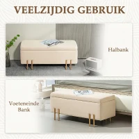 HOMCOM Gestoffeerde bank met Opbergruimte, Kistbank, Schuim, Metaal, Rubberhout, 100 x 40 x 42 cm, Beige(m-6)