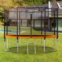 Outdoor Trampoline with Basketball Hoop and Safety Net, Heavy Duty Rebounder with Weatherproof Steel Frame, 366L x 366W x 76H cm, Orange(m-1)