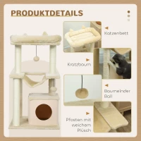 PawHut Katzenbaum, Kratzbaum mit Spielzeug, Sitzstange, Hängematte, 48 x 48 x 90 cm, Creme(m-7)