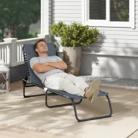 Outsunny Bain de Soleil transat Pliable Dossier inclinable Multi-Positions Acier thermoplastique Lacets élastiques Noir textilène Gris(m-8)