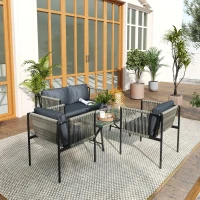 Outsunny 4-delige Tuinmeubelset: Sofa, 2 Fauteuils, Glazen Tafel met Kussens - Stalen Frame, Kunststof Rotan, Grijs(m-11)