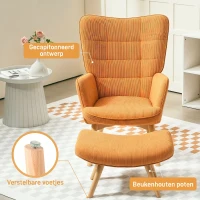 HOMCOM Accentstoel met Kruk, Relaxstoel in Corduroy-Look, Stoel met Armleuningen en Houten Poten, voor Woonkamer, Bruin(m-5)
