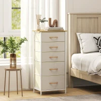 HOMCOM Schlafzimmer-Kommode mit 5 Stoffschubladen, Stahlstreben, Holzoberfläche, 4 Aufbewahrungstaschen, 2 Haken, Beige(m-2)