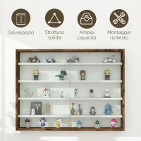 HOMCOM Bacheca Portaoggetti a 4 Ripiani Regolabili, Vetrina a Muro in Vetro e Legno, 80x9.5x60 cm, Marrone(m-6)