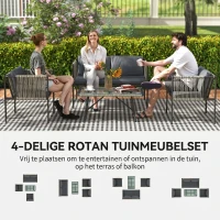 Outsunny 4-delige Tuinmeubelset: Sofa, 2 Fauteuils, Glazen Tafel met Kussens - Stalen Frame, Kunststof Rotan, Grijs(m-4)