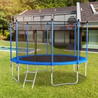 Outdoor Trampoline with Basketball Hoop and Safety Net, Heavy Duty Rebounder with Weatherproof Steel Frame, 366L x 366W x 76H cm, Blue(m-1)