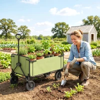Outsunny Chariot de jardin pliable 130 L chariot de transport sac amovible poignée télescopique rotative 90 x 50 x 60 cm noir(m-10)