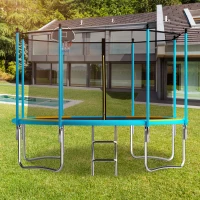Outdoor Trampoline with Basketball Hoop and Safety Net, Heavy Duty Rebounder with Weatherproof Steel Frame, 366L x 366W x 76H cm, Blue+Orange(m-1)