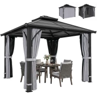Outsunny 3 x 3(m) Hardtop Gazebo Canopy with 7mm Polycarbonate Double-Tier Roof, Garden Gazebo Permanent Pavilion with Mosquito Netting and Curtains for Patio, Terrace, Dark Grey(m-10)