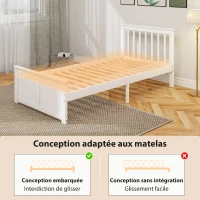 HOMCOM Cadre de Lit 90x190cm en Bois Massif,  2 Tiroirs sur Roulettes, Tête de Lit, Pied de Lit, Sommier à Lattes, Blanc(m-7)